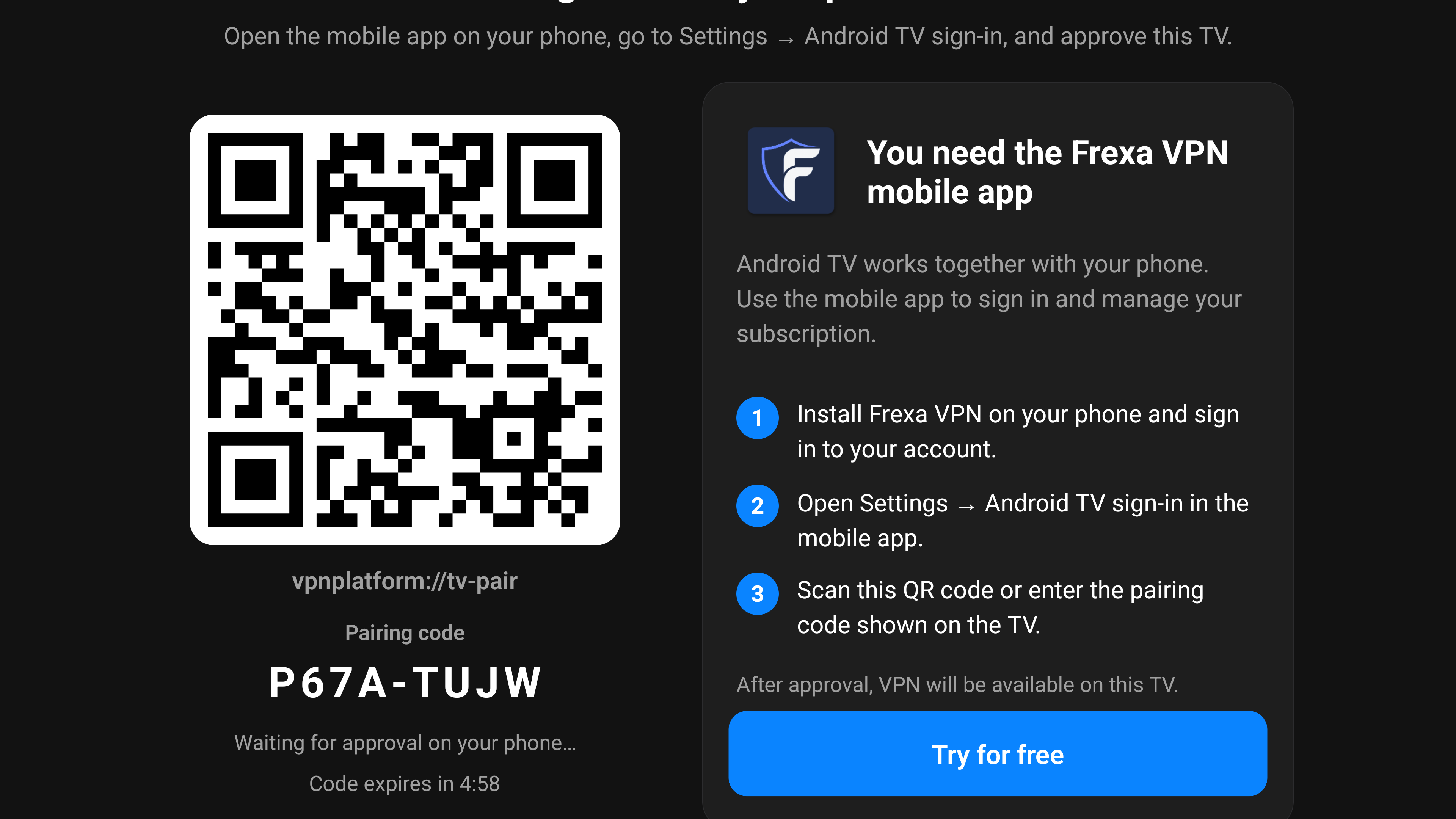 Frexa VPN Android TV pairing screen with QR code and sign-in code